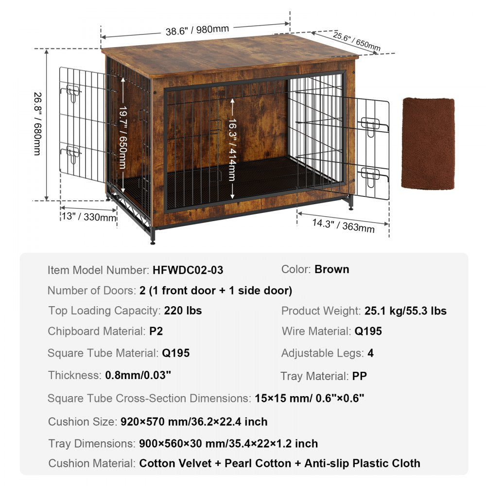 Rustic brown wooden dog crate furniture, 38.6 inches, with double doors and dimensions.