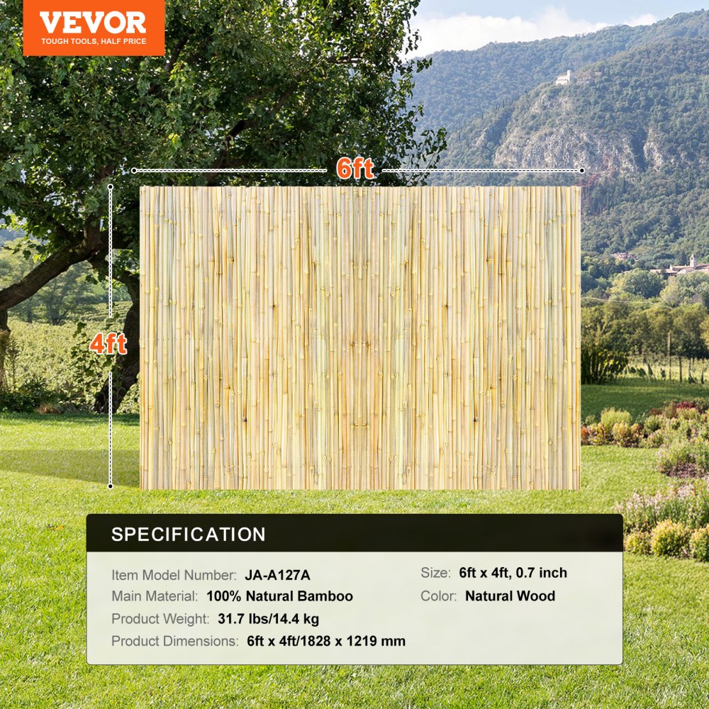 Natural Rolled Bamboo Fence Bamboo Panel 4 ft H x 6 ft L x 0.75 in D.