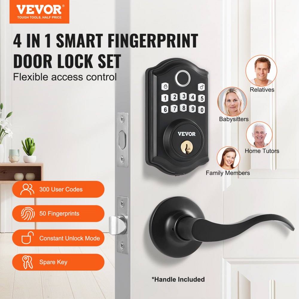 Fingerprint Door Lock with 2 Level Handles, Keyless Entry Door Lock with Fingerprint/Keypad Code/Key, Auto Lock, Electronic Keypad Deadbolt with 300 Users, Anti-Peeking Password, for Front Door