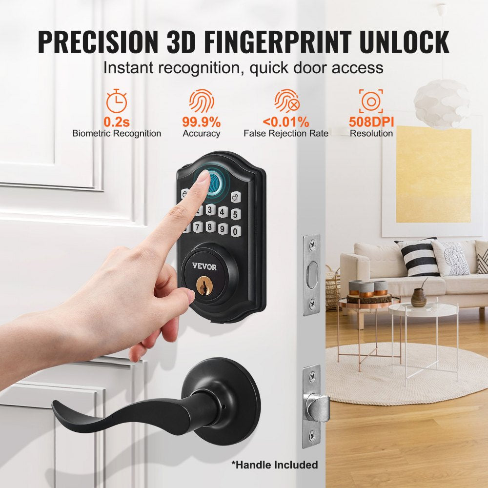 Fingerprint Door Lock with 2 Level Handles, Keyless Entry Door Lock with Fingerprint/Keypad Code/Key, Auto Lock, Electronic Keypad Deadbolt with 300 Users, Anti-Peeking Password, for Front Door