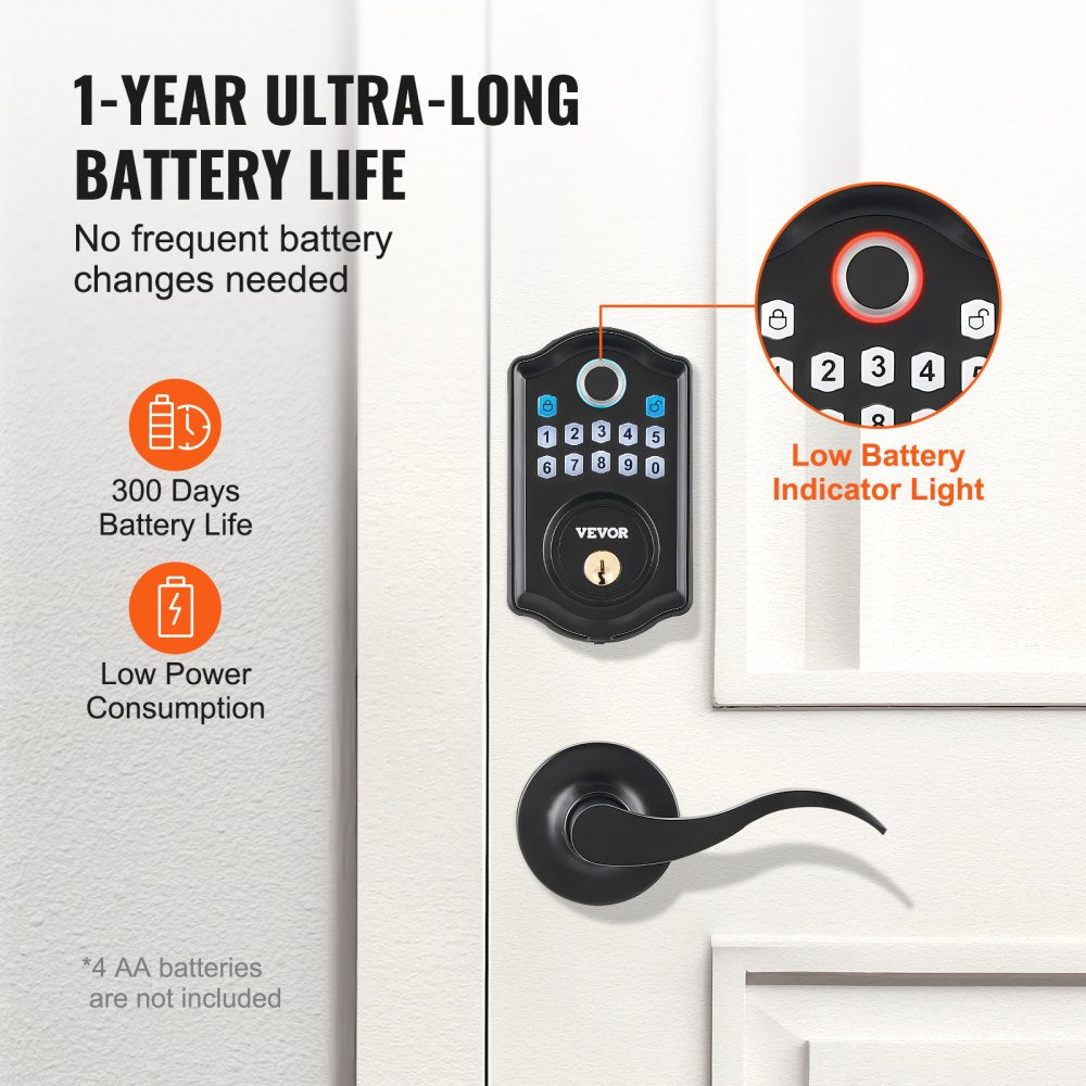 Fingerprint Door Lock with 2 Level Handles, Keyless Entry Door Lock with Fingerprint/Keypad Code/Key, Auto Lock, Electronic Keypad Deadbolt with 300 Users, Anti-Peeking Password, for Front Door
