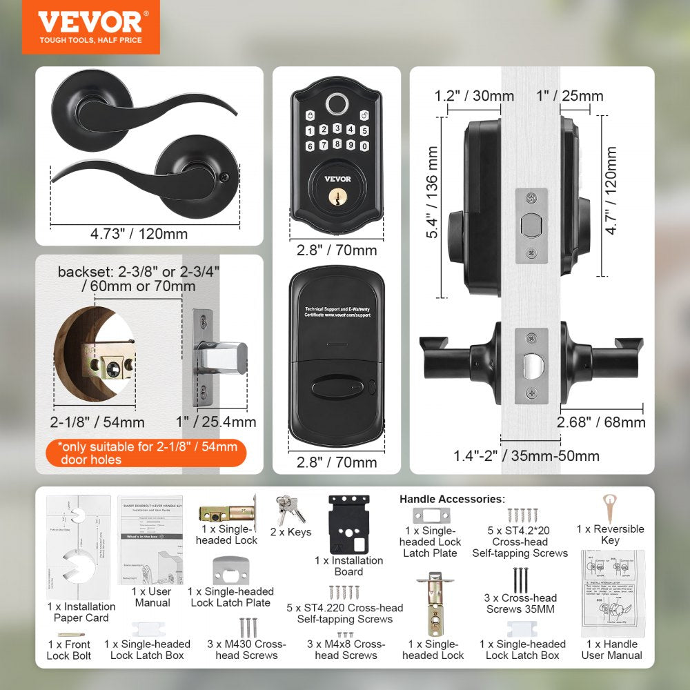 Fingerprint Door Lock with 2 Level Handles, Keyless Entry Door Lock with Fingerprint/Keypad Code/Key, Auto Lock, Electronic Keypad Deadbolt with 300 Users, Anti-Peeking Password, for Front Door
