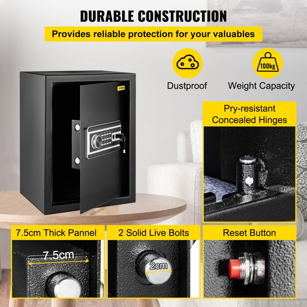 Safe Box, 2.1 CU.FT Fingerprint Safe Box for Money w/ 2 Keys & Digital Keypad, Q235 Steel Safe Box for Storing Cash, Jewelry, Pistols, Documents, Watches in Home & Office & Hotel