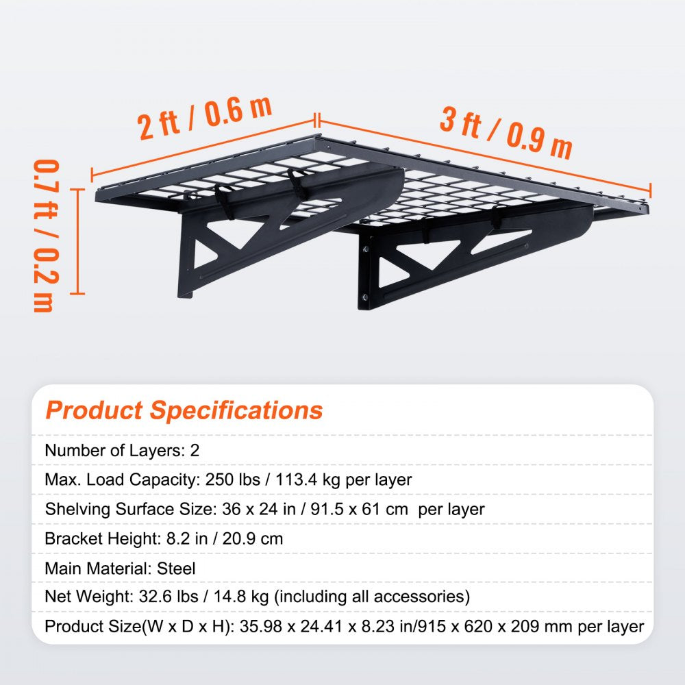 Garage Storage Shelving, 2 Pack, 3 x 2 ft Heavy Duty Garage Shelves Wall Mounted, 500 lbs Load Capacity(Total) Garage Storage Rack Floating Shelves, Suitable for Shop, Shed, Garage Storage
