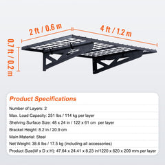 Garage Storage Shelving, 2 Pack, 4 x 2 ft Heavy Duty Garage Shelves Wall Mounted, 502 lbs Load Capacity(Total) Garage Storage Rack Floating Shelves, Suitable for Shop, Shed, Garage Storage