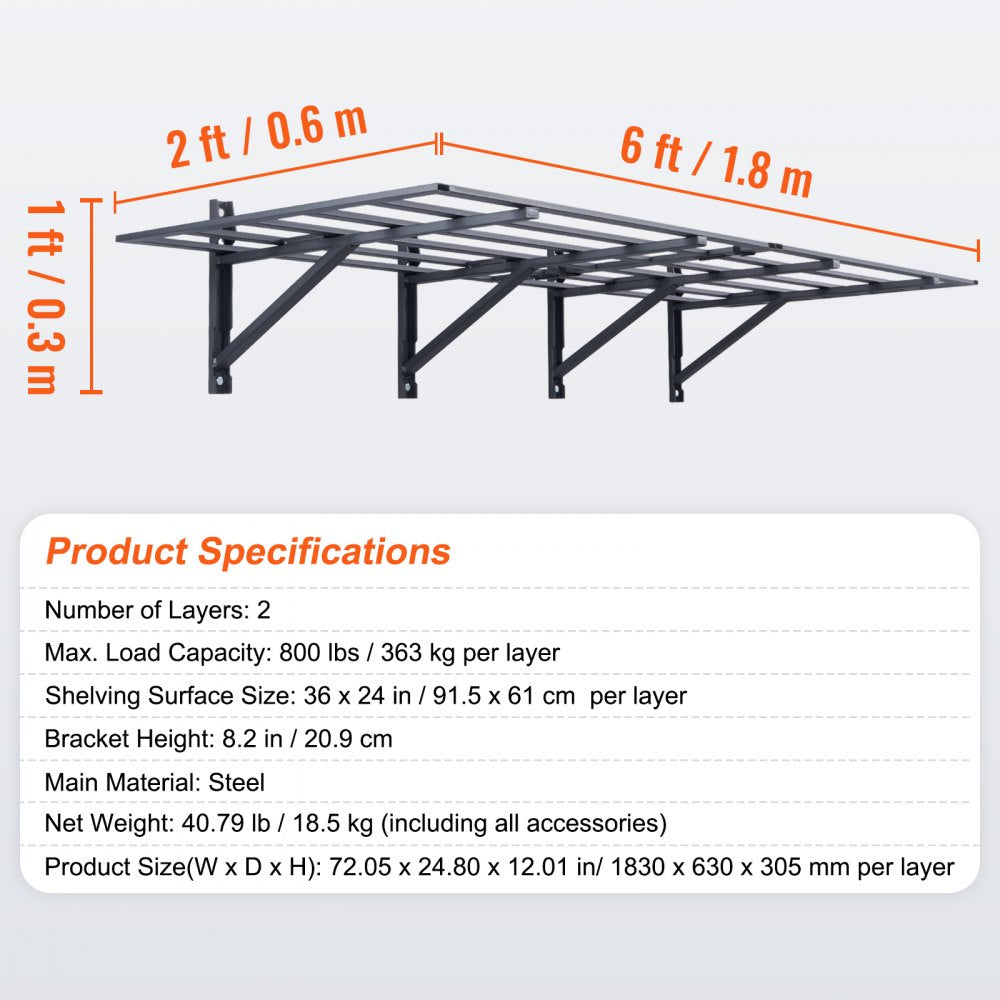 Garage Storage Shelving, 2 Pack, 6 x 2 ft Heavy Duty Garage Shelves Wall Mounted, 1600 lbs Load Capacity(Total) Garage Storage Rack Floating Shelves, Suitable for Shop, Shed, Garage Storage