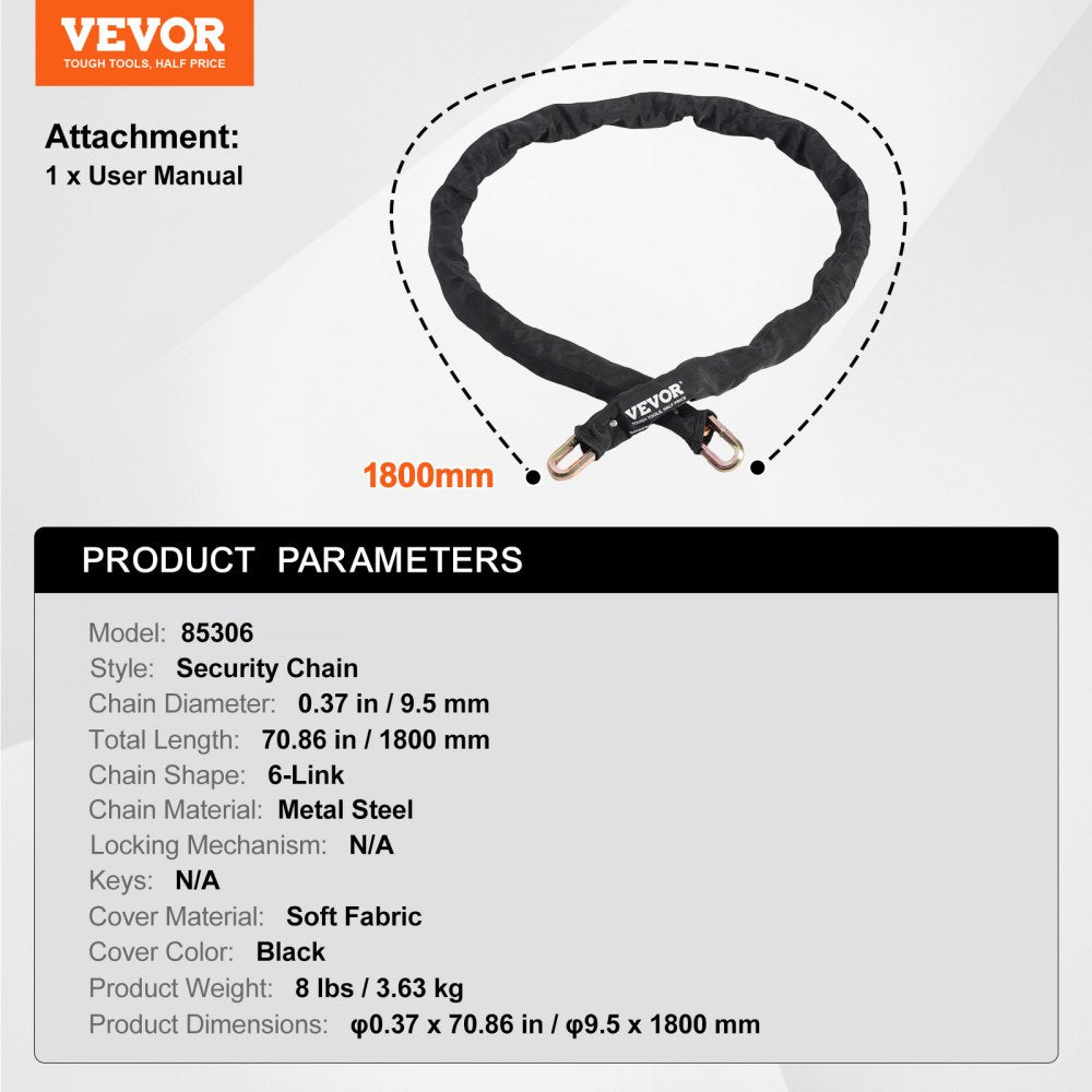 Bike Chain lock 5.91 ft Safety Bike chain lock 9.5 mm thick black, suitable for electric bikes, motorcycles