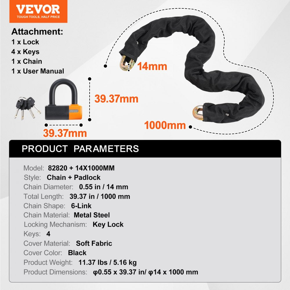 Bike Chain Lock  3.28FT Heavy Duty Bike Lock Anti-Theft Bicycle Chain Lock 14mm Thicker Bicycle Lock Chain with 4 Keys for E-Bike, Motorcycle