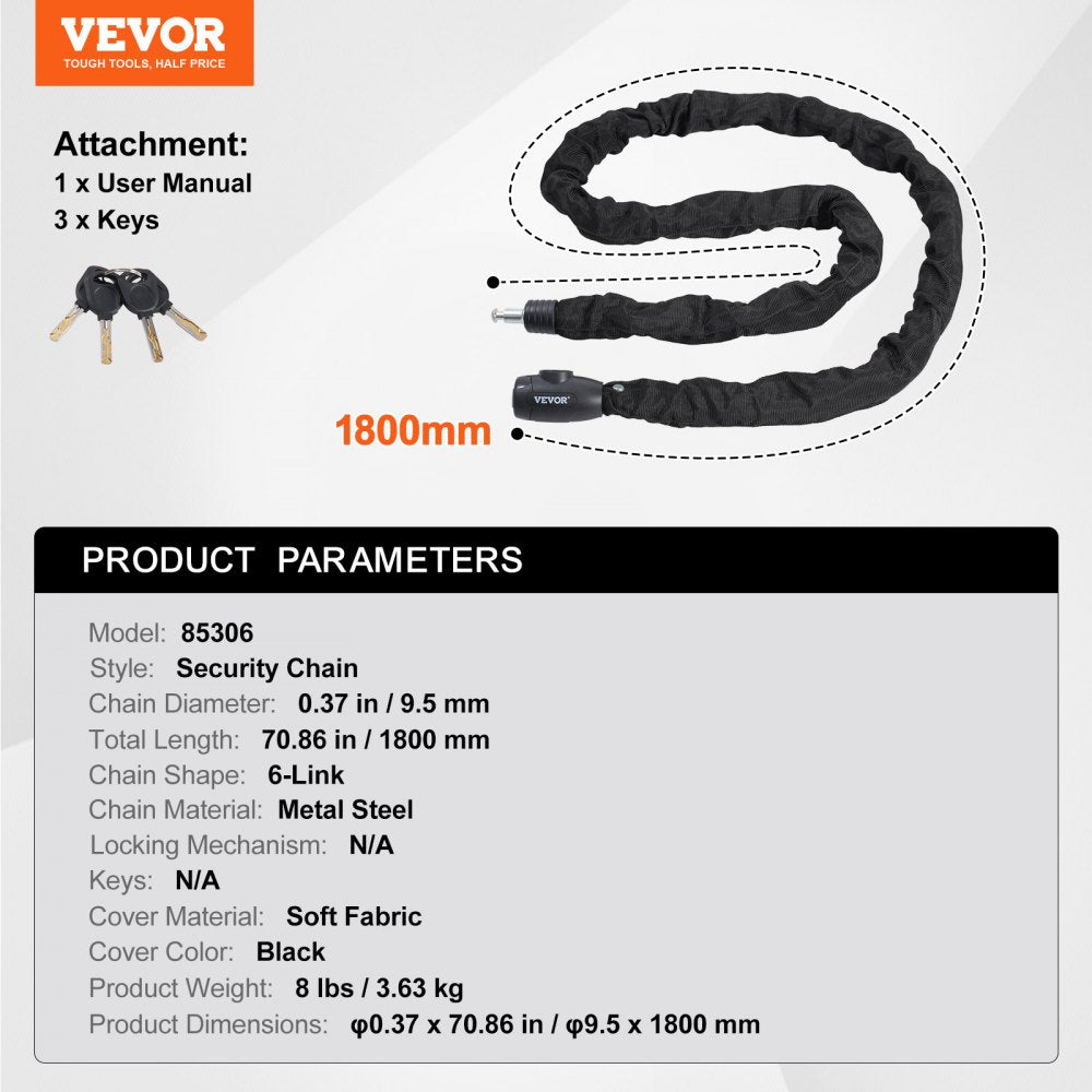 Bike Chain Lock 5.91FT Heavy Duty Bike Lock Anti-Theft Bicycle Chain Lock 10mm Thicker Bicycle Lock Chain with 4 Keys for E-Bike, Motorcycle