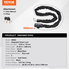 Bike Chain Lock 3.94FT Heavy Duty Bike Lock Anti-Theft Bicycle Chain Lock 10mm Thicker Bicycle Lock Chain with 3 Keys for E-Bike, Motorcycle