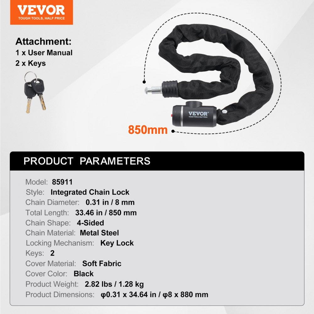 Bike Chain Lock 2.79 Ft Combination Bicycle Chain Lock with 2 Keys 8mm