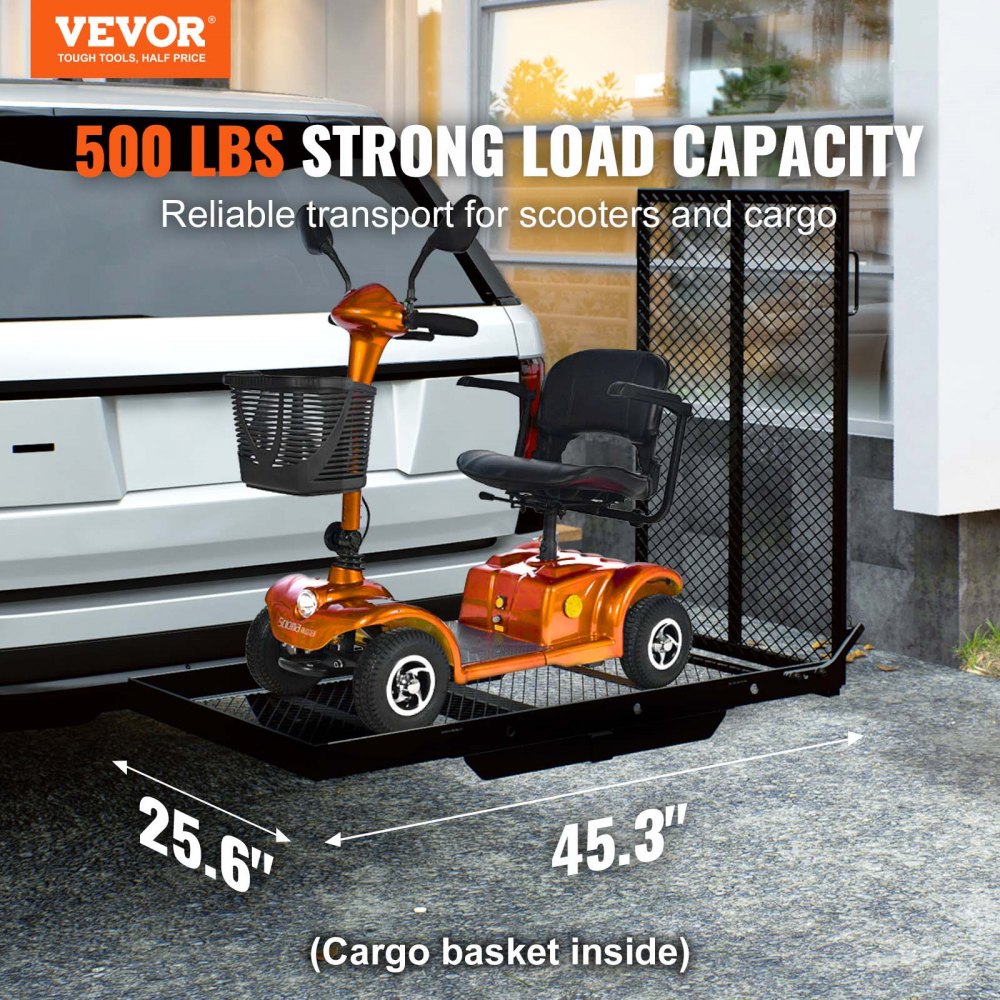 Hitch Mount Cargo Carrier, 45.3" x 25.6" Iron Hitch Cargo Rack with Folding Ramp, Hitch Rack Basket with Stabilizer and Straps, 500LBS Mobility Scooter Carrier Fit 2" Hitch Receiver