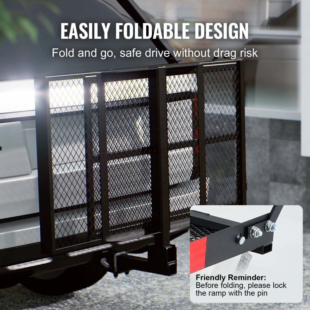 Hitch Mount Cargo Carrier, 45.3" x 25.6" Iron Hitch Cargo Rack with Folding Ramp, Hitch Rack Basket with Stabilizer and Straps, 500LBS Mobility Scooter Carrier Fit 2" Hitch Receiver