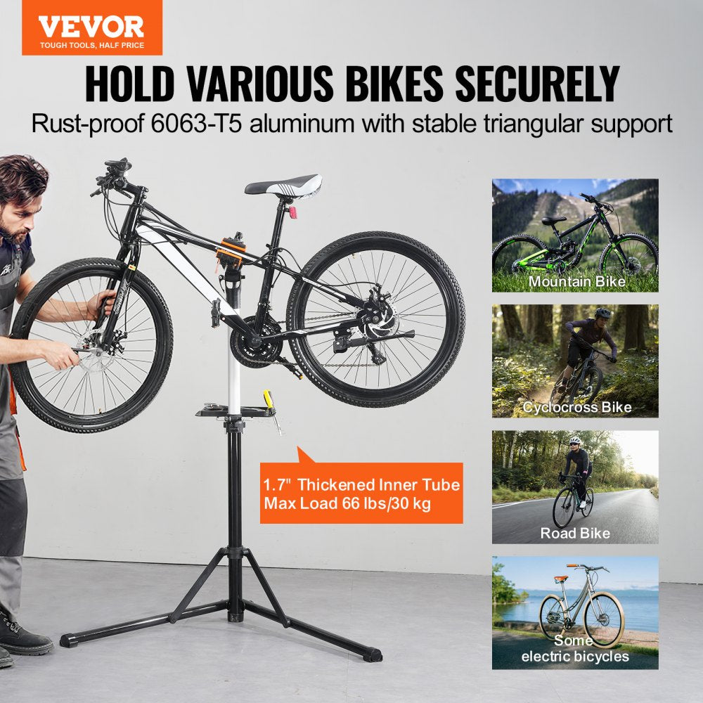 Bike Repair Stand, 66 lbs Heavy-duty Aluminum Bicycle Repair Stand, Adjustable Height Bike Maintenance Workstand with Magnetic Tool Tray Telescopic Arm, Foldable Bike Work Stand for Home, Shops