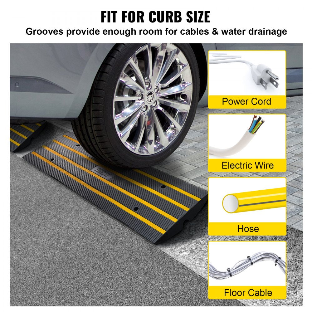 Rubber Curb Ramp for Driveway 2 Pack, 15T Heavy Duty Sidewalk Curb Ramp, 2.6" Rise Height Cable Cover Curbside Bridge Ramp for Garage for Low Cars, Wheelchairs