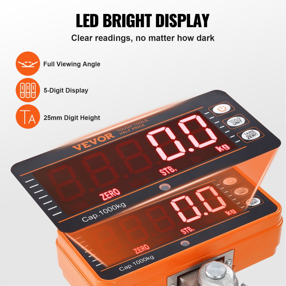 Digital Crane Scale, 2200 lbs/1000 kg, Industrial Heavy Duty Hanging Scale with Remote Control, Cast Aluminum Case & LED Screen, High Precision for Construction, Factory, Farm, Hunting (Orange)