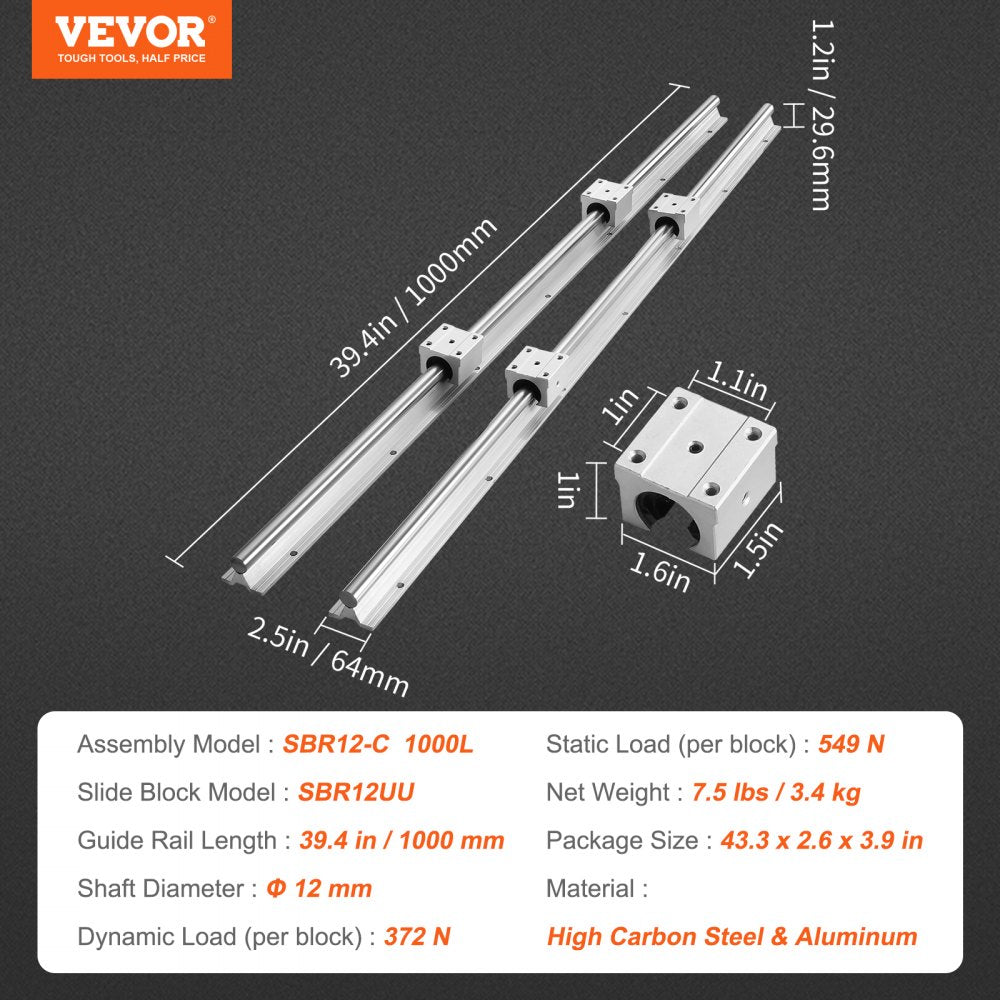 Linear Guide Rail Set, SBR12 1000mm, 2 PCS 39.4 in/1000 mm SBR12 Guide Rails and 4 PCS SBR12UU Slide Blocks, Linear Rails and Bearings Kit for Automated Machines DIY Project CNC Router Machines