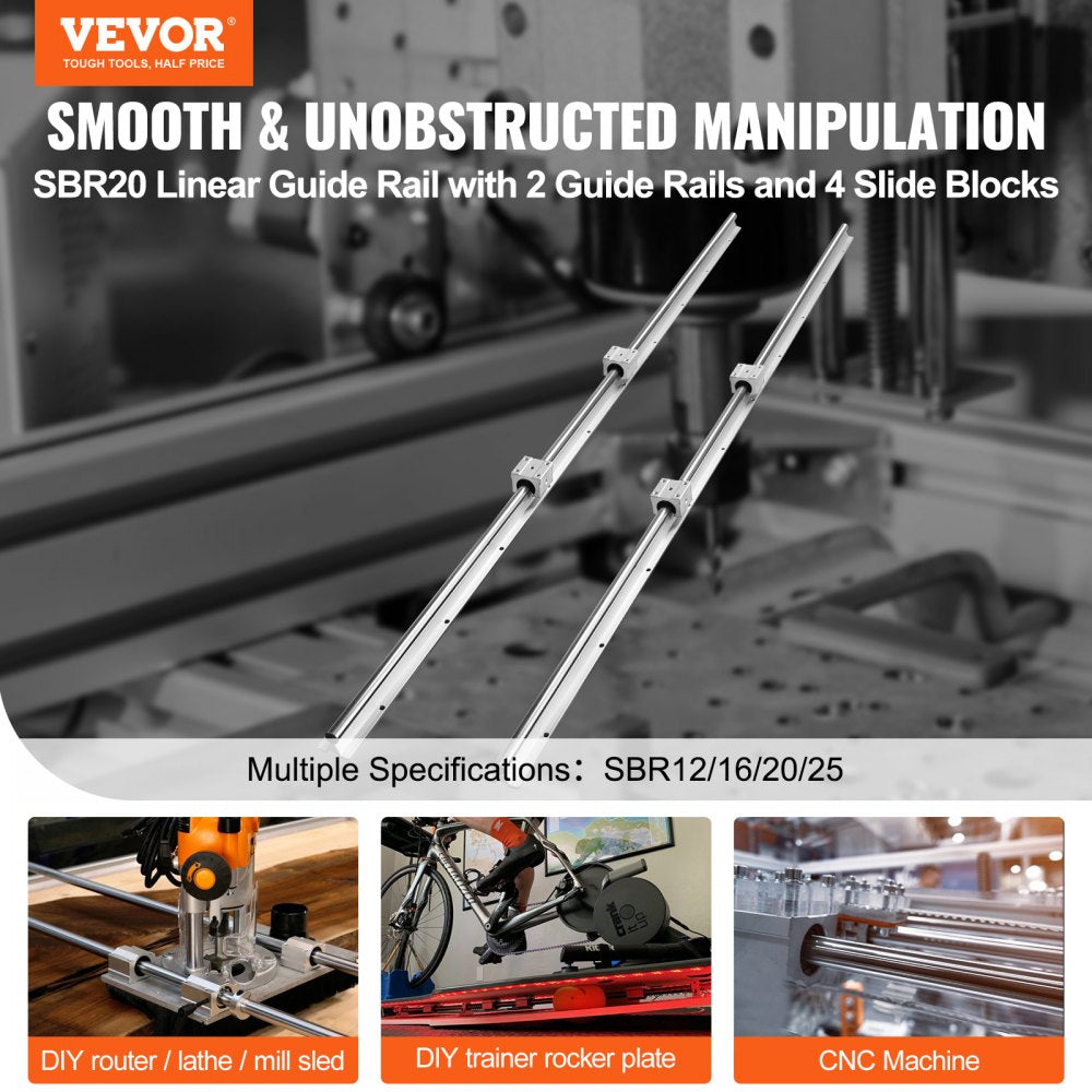 Linear Guide Rail Set, SBR20 1500mm, 2 PCS 59 in/1500 mm SBR20 Guide Rails and 4 PCS SBR20UU Slide Blocks, Linear Rails and Bearings Kit for Automated Machines DIY Project CNC Router Machines