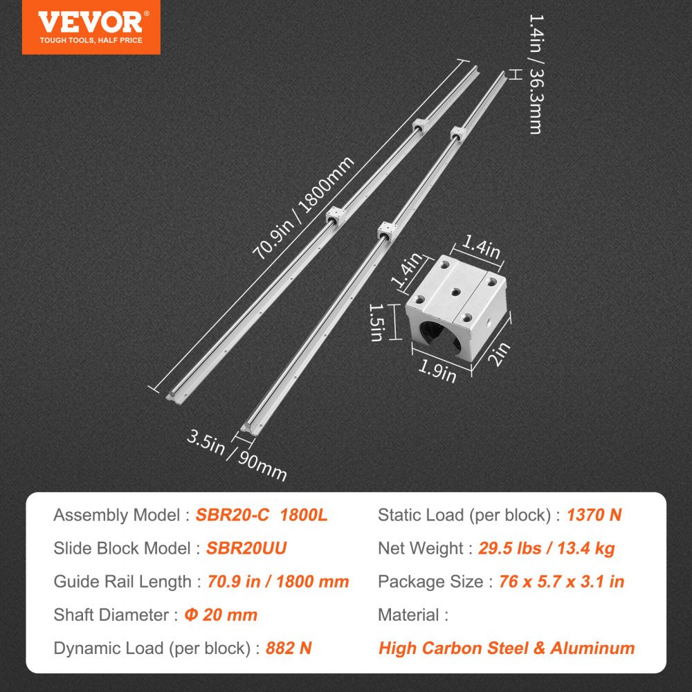 Linear Guide Rail Set, SBR20 1800mm, 2 PCS 70.9 in/1800 mm SBR20 Guide Rails and 4 PCS SBR20UU Slide Blocks, Linear Rails and Bearings Kit for Automated Machines DIY Project CNC Router Machines