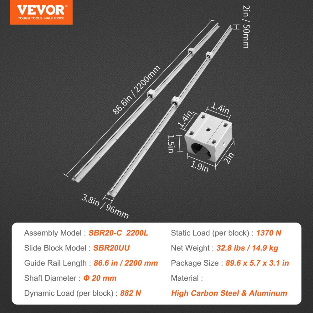 Linear Guide Rail Set, SBR20 2200mm, 2 PCS 86.6 in/2200 mm SBR20 Guide Rails and 4 PCS SBR20UU Slide Blocks, Linear Rails and Bearings Kit for Automated Machines DIY Project CNC Router Machines