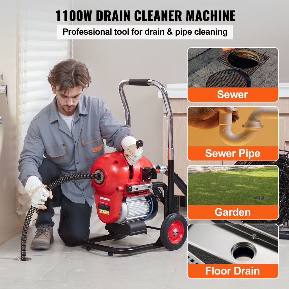 Bostome 1100W drain cleaner machine with 120ft steel cable and six interchangeable cutters.
