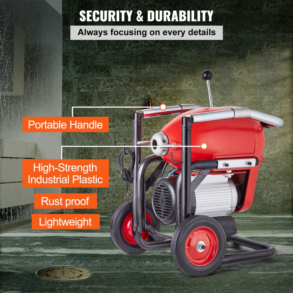 Bostome 1100W drain cleaner machine with 120ft steel cable and manual feeding control.