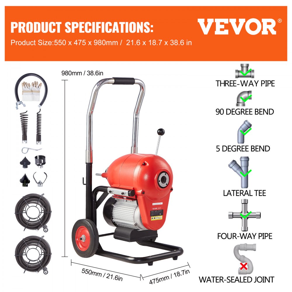 Bostome 1100W drain cleaner machine with 120ft steel cables and manual feeding control.