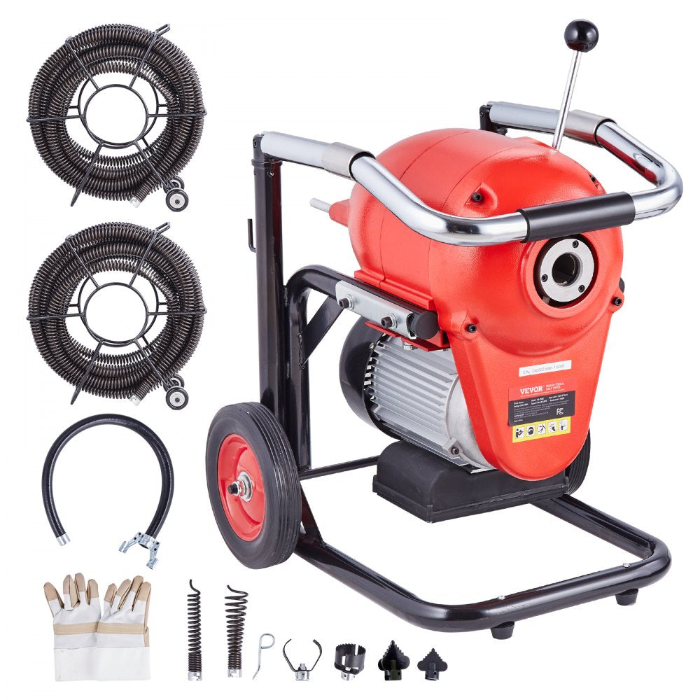 Bostome 1100W drain cleaner machine with 120ft steel cables and interchangeable cutters.