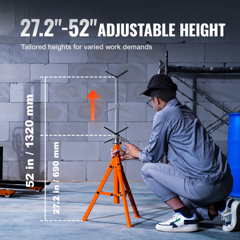 Heavy duty pipe stand with adjustable V-head, supporting 2500 lbs for 1/2-12" pipes.