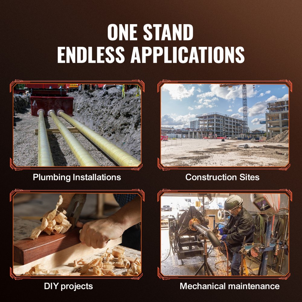 Heavy duty pipe stand with adjustable V-head and stable triangular base for 1/2-12" pipes.