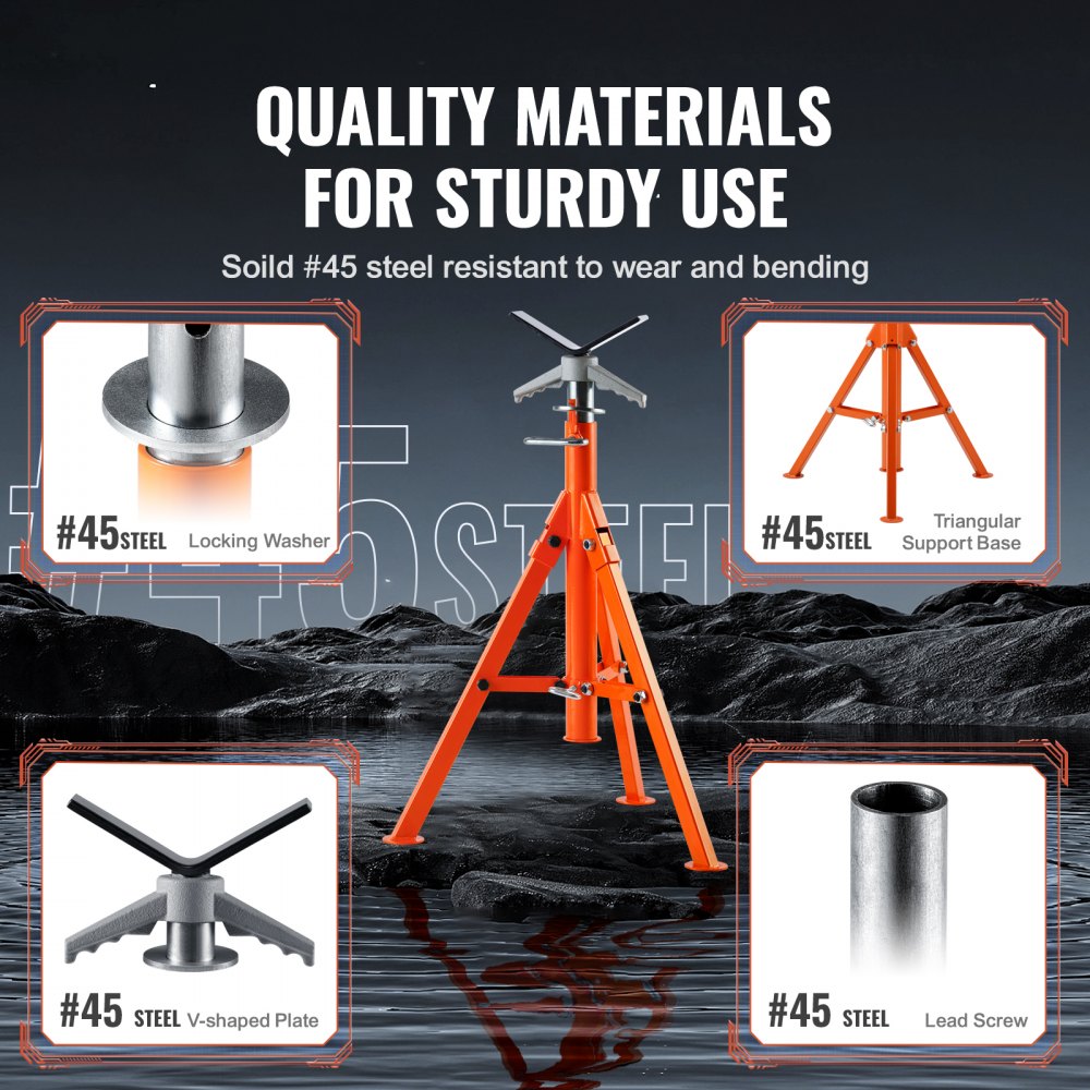 Heavy duty pipe stand with adjustable V-head and stable triangular base for 1/2-12" pipes.