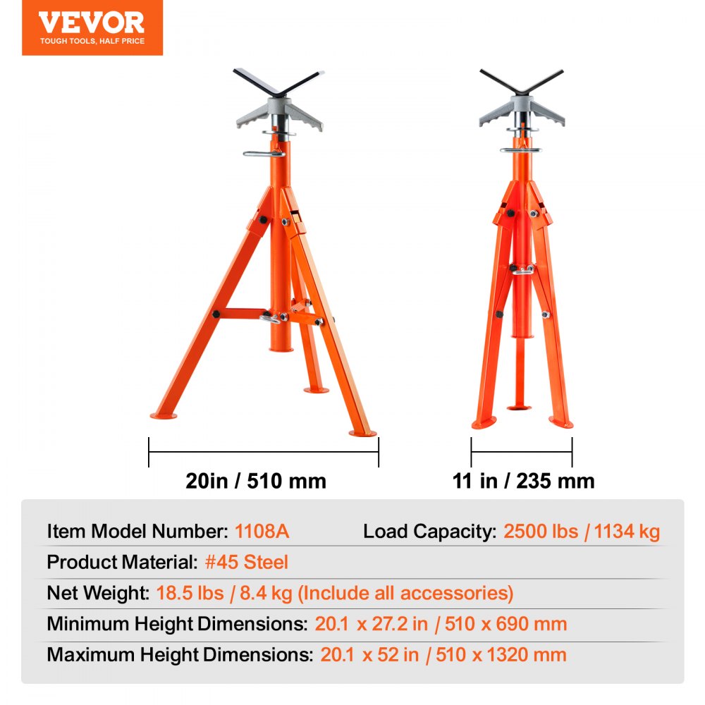 Heavy duty pipe stand with adjustable V head, stable base, and 2500 lbs capacity for pipes.
