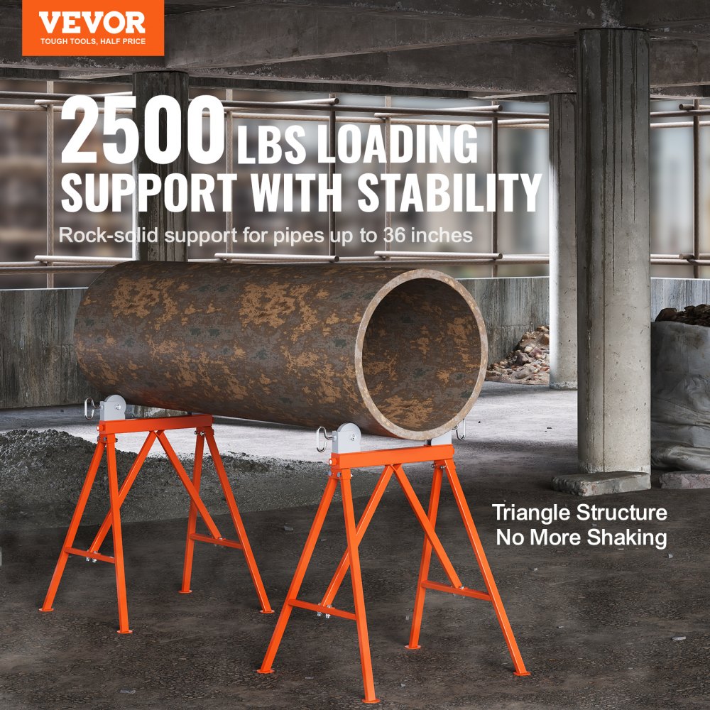 Bostome pipe stand with roller head, supports 2500 lbs, for 2-36 inch pipes, made of steel.