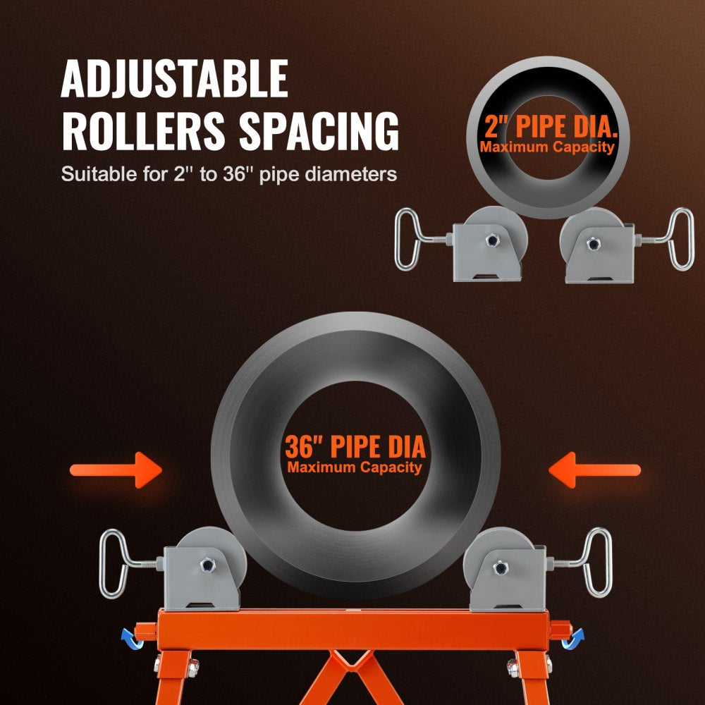 Bostome pipe stand with roller head, supports 2500 lbs, for 2-36 inch pipes, made of steel.