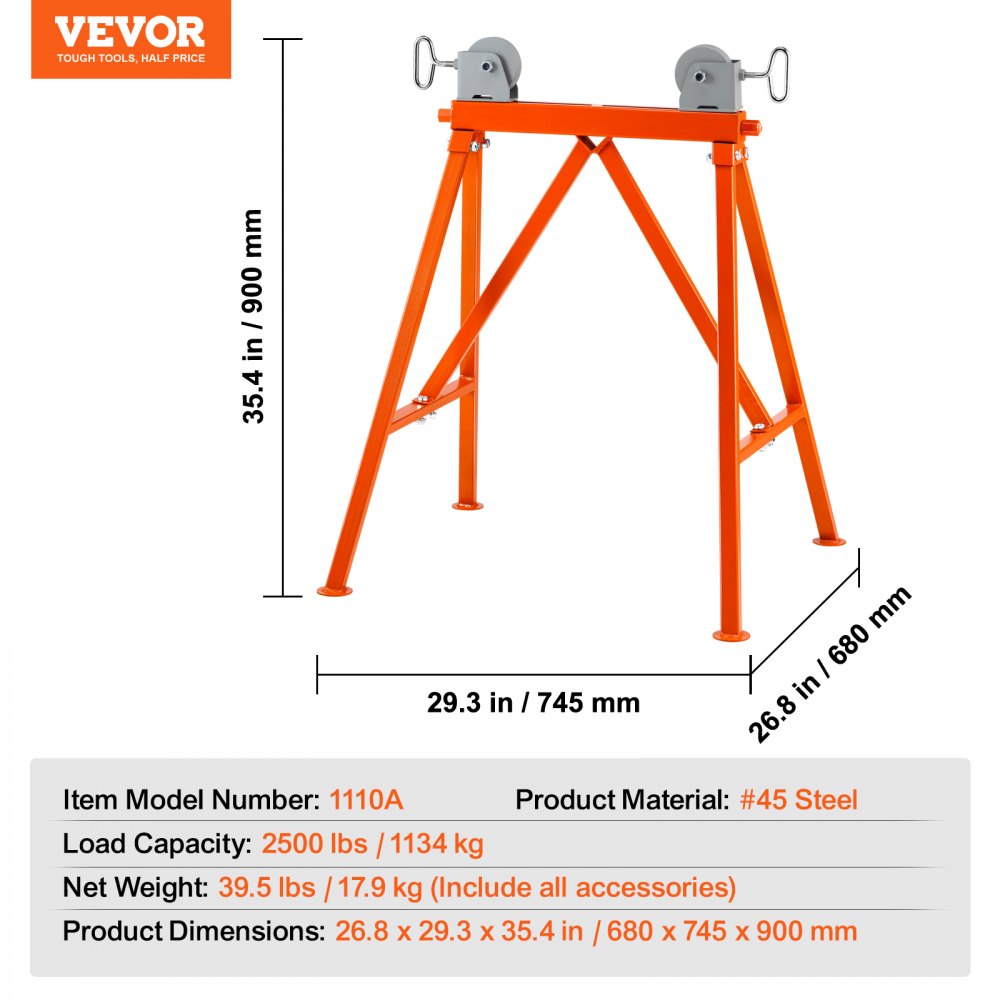 Bostome Pipe Stand with Roller Head for 2-36 inch pipes, supports 2500 lbs with a triangular base.