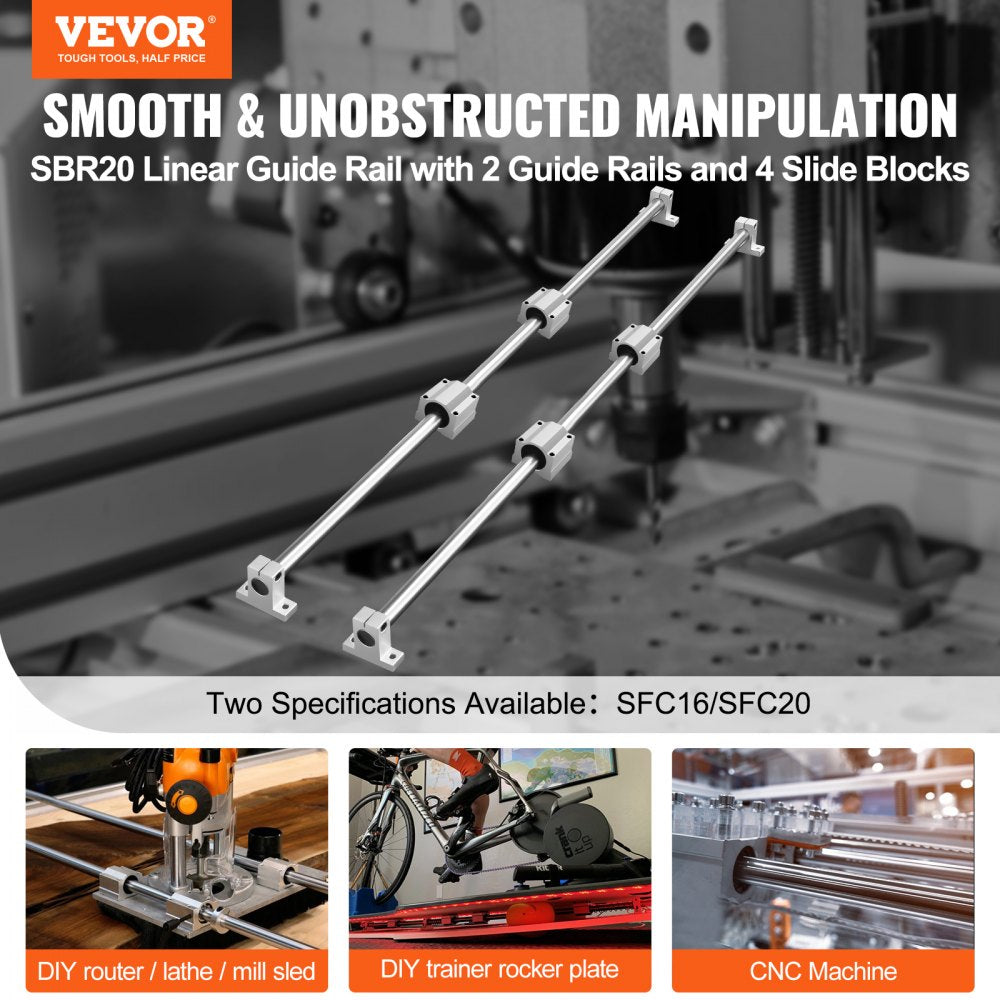 Linear Guide Rail Set, SFC20 1000mm, 2 PCS 39.4 in/1000 mm SFC20 Guide Rails 4 PCS SC20 Slide Blocks 4 PCS Rail Supports, Linear Rails and Bearings Kit for Automated Machines CNC DIY Project
