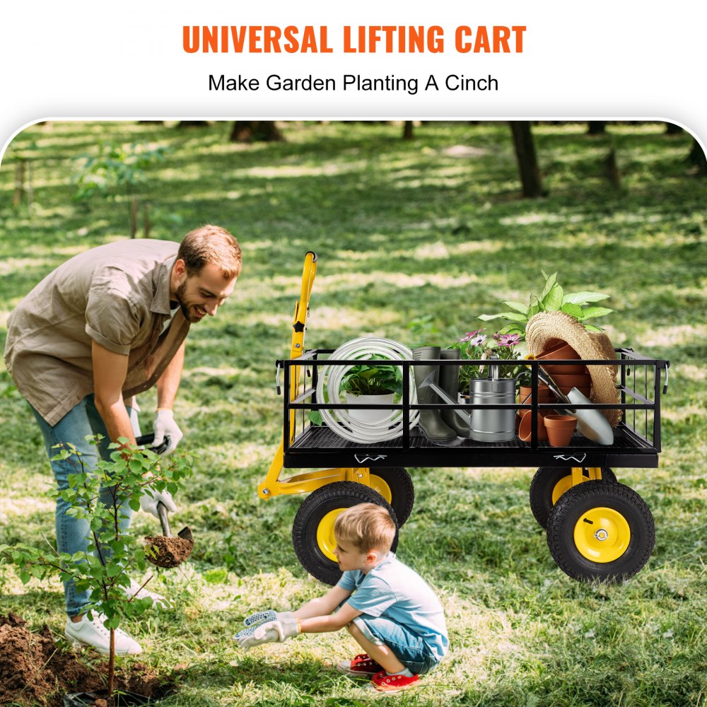 Steel Garden Cart, Heavy Duty 1200 lbs Capacity, with Removable Mesh Sides to Convert into Flatbed, Utility Metal Wagon with 2-in-1 Handle and 13 in Tires, Perfect for Garden, Farm, Yard