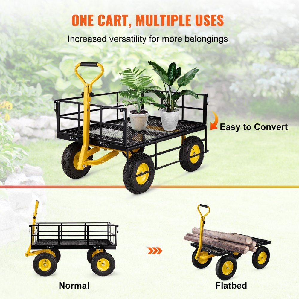 Steel Garden Cart, Heavy Duty 1200 lbs Capacity, with Removable Mesh Sides to Convert into Flatbed, Utility Metal Wagon with 2-in-1 Handle and 13 in Tires, Perfect for Garden, Farm, Yard