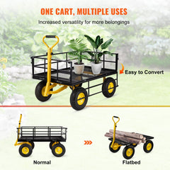 Steel Garden Cart, Heavy Duty 1200 lbs Capacity, with Removable Mesh Sides to Convert into Flatbed, Utility Metal Wagon with 2-in-1 Handle and 13 in Tires, Perfect for Garden, Farm, Yard
