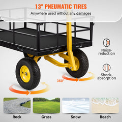 Steel Garden Cart, Heavy Duty 1200 lbs Capacity, with Removable Mesh Sides to Convert into Flatbed, Utility Metal Wagon with 2-in-1 Handle and 13 in Tires, Perfect for Garden, Farm, Yard