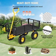 Steel Garden Cart, Heavy Duty 500 lbs Capacity, with Removable Mesh Sides to Convert into Flatbed, Utility Metal Wagon with 180° Rotating Handle and 10 in Tires, Perfect for Garden, Farm, Yard