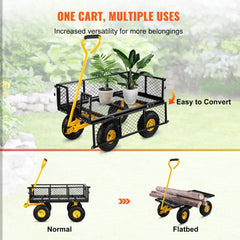 Steel Garden Cart, Heavy Duty 500 lbs Capacity, with Removable Mesh Sides to Convert into Flatbed, Utility Metal Wagon with 180° Rotating Handle and 10 in Tires, Perfect for Garden, Farm, Yard