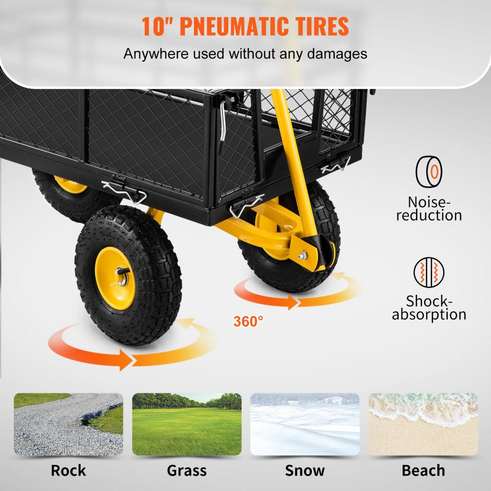 Steel Garden Cart, Heavy Duty 500 lbs Capacity, with Removable Mesh Sides to Convert into Flatbed, Utility Metal Wagon with 180° Rotating Handle and 10 in Tires, Perfect for Garden, Farm, Yard