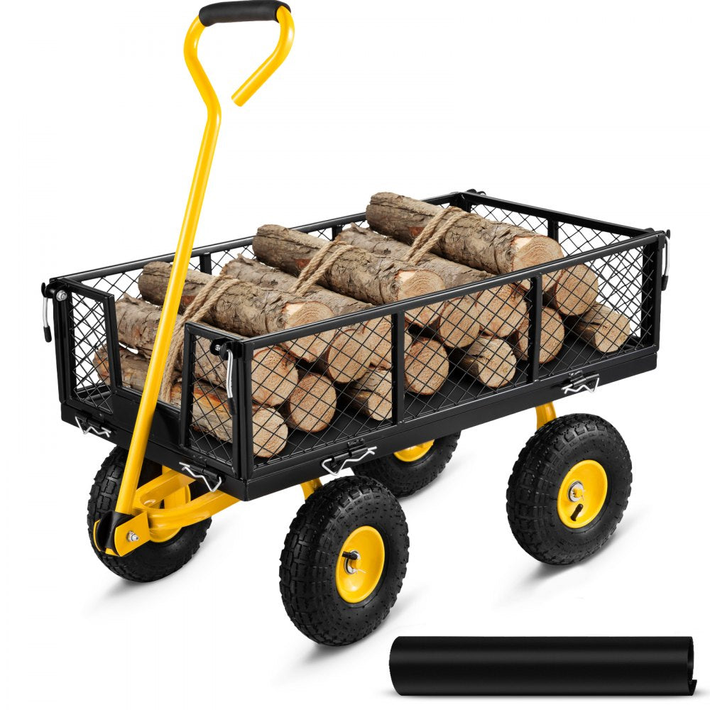Steel Garden Cart, Heavy Duty 500 lbs Capacity, with Removable Mesh Sides to Convert into Flatbed, Utility Metal Wagon with 180° Rotating Handle and 10 in Tires, Perfect for Garden, Farm, Yard