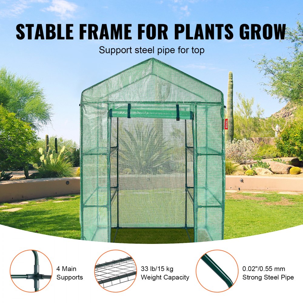 Walk-in Green House, 4.6 x 2.4 x 6.7 ft, Greenhouse with Shelves, High Strength PE Cover with Doors, Windows and Steel Frame, Set Up in Minutes, for Planting and Storage