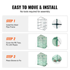 Walk-in Green House, 4.6 x 2.4 x 6.7 ft, Greenhouse with Shelves, High Strength PE Cover with Doors, Windows and Steel Frame, Set Up in Minutes, for Planting and Storage