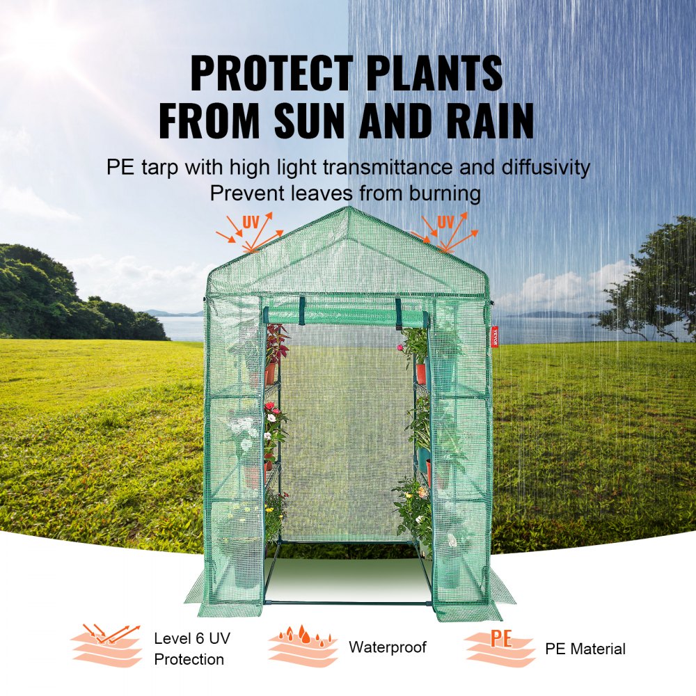 Walk-in Green House, 4.6 x 2.4 x 6.7 ft, Greenhouse with Shelves, High Strength PE Cover with Doors, Windows and Steel Frame, Set Up in Minutes, for Planting and Storage