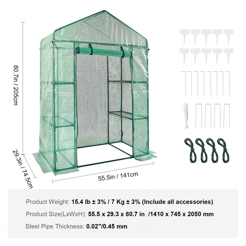 Walk-in Green House, 4.6 x 2.4 x 6.7 ft, Greenhouse with Shelves, High Strength PE Cover with Doors, Windows and Steel Frame, Set Up in Minutes, for Planting and Storage