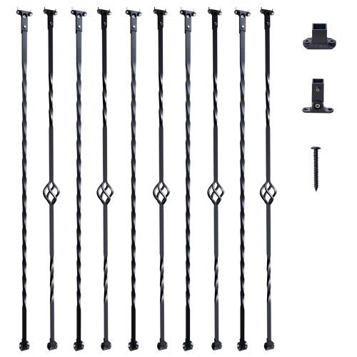 Matte black galvanized steel stair balusters in a 10-pack with single-basket and spiral designs.