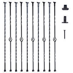 Matte black galvanized steel stair balusters in a 10-pack with single-basket and spiral designs.